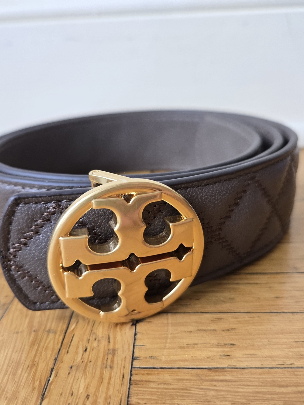 Tory Burch Quilted Brown Leather Belt with Gold Double-T Logo Buckle